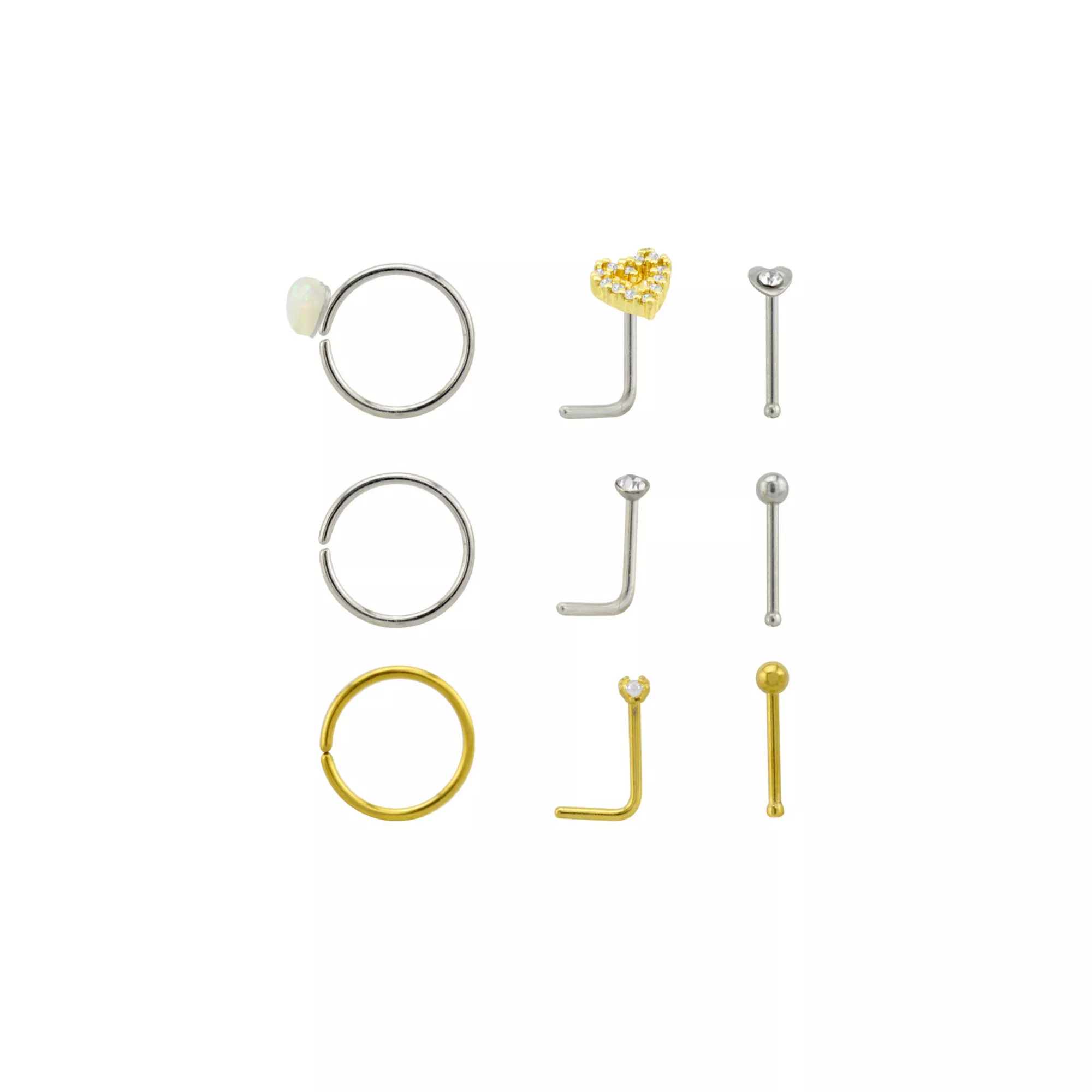 Multi-Pack CZ Goldtone and Silvertone Heart Nose Rings 9 Pack - 20 Gauge at Spencer's