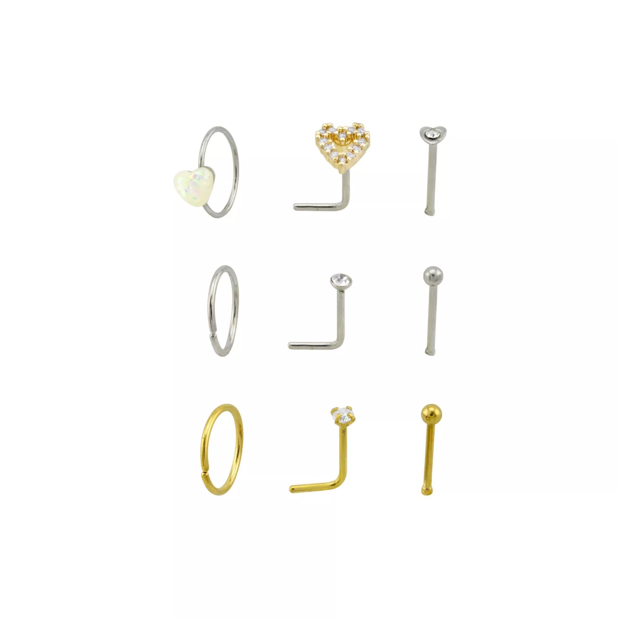 Multi-Pack CZ Goldtone and Silvertone Heart Nose Rings 9 Pack - 20 Gauge at Spencer's