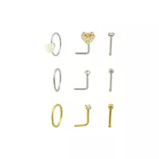 Multi-Pack CZ Goldtone and Silvertone Heart Nose Rings 9 Pack - 20 Gauge at Spencer's