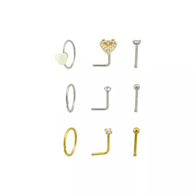 Multi-Pack CZ Goldtone and Silvertone Heart Nose Rings 9 Pack - 20 Gauge at Spencer's