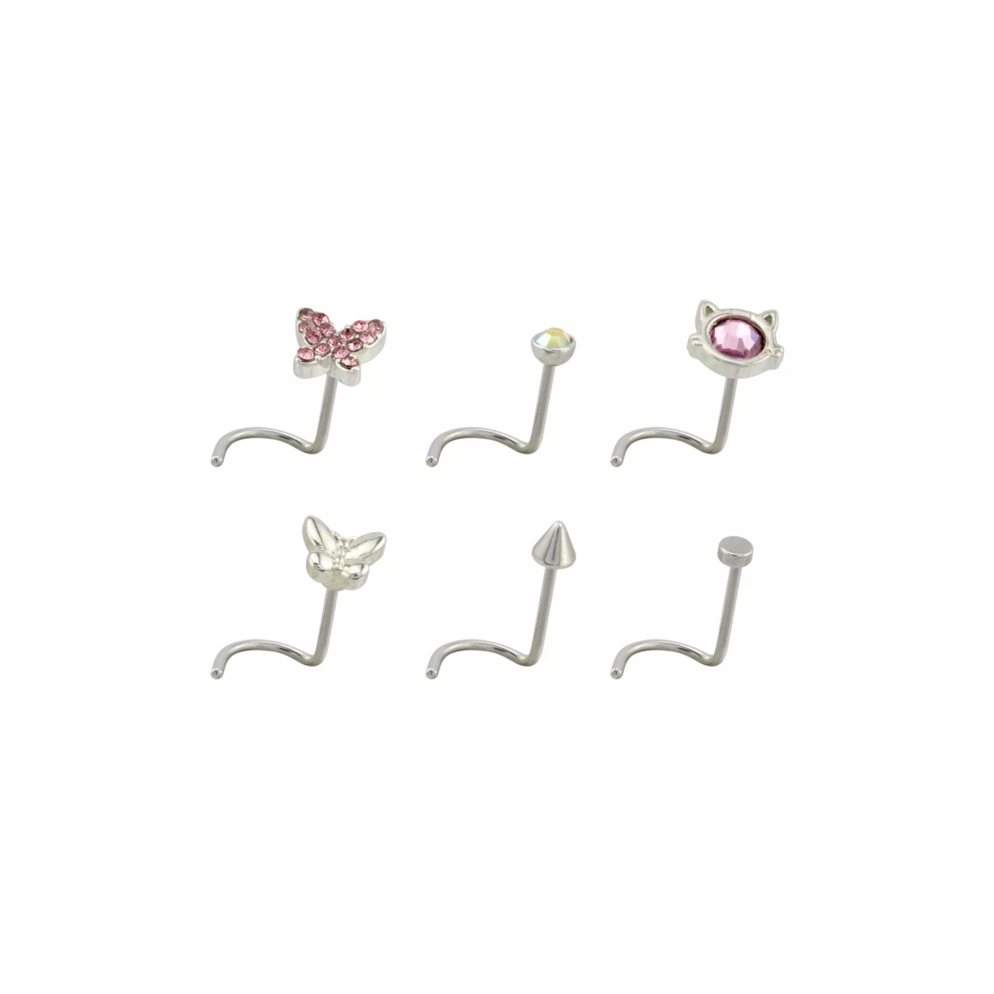Multi-Pack CZ Cat Corkscrew Nose Rings 6 Pack - 20 Gauge at Spencer's