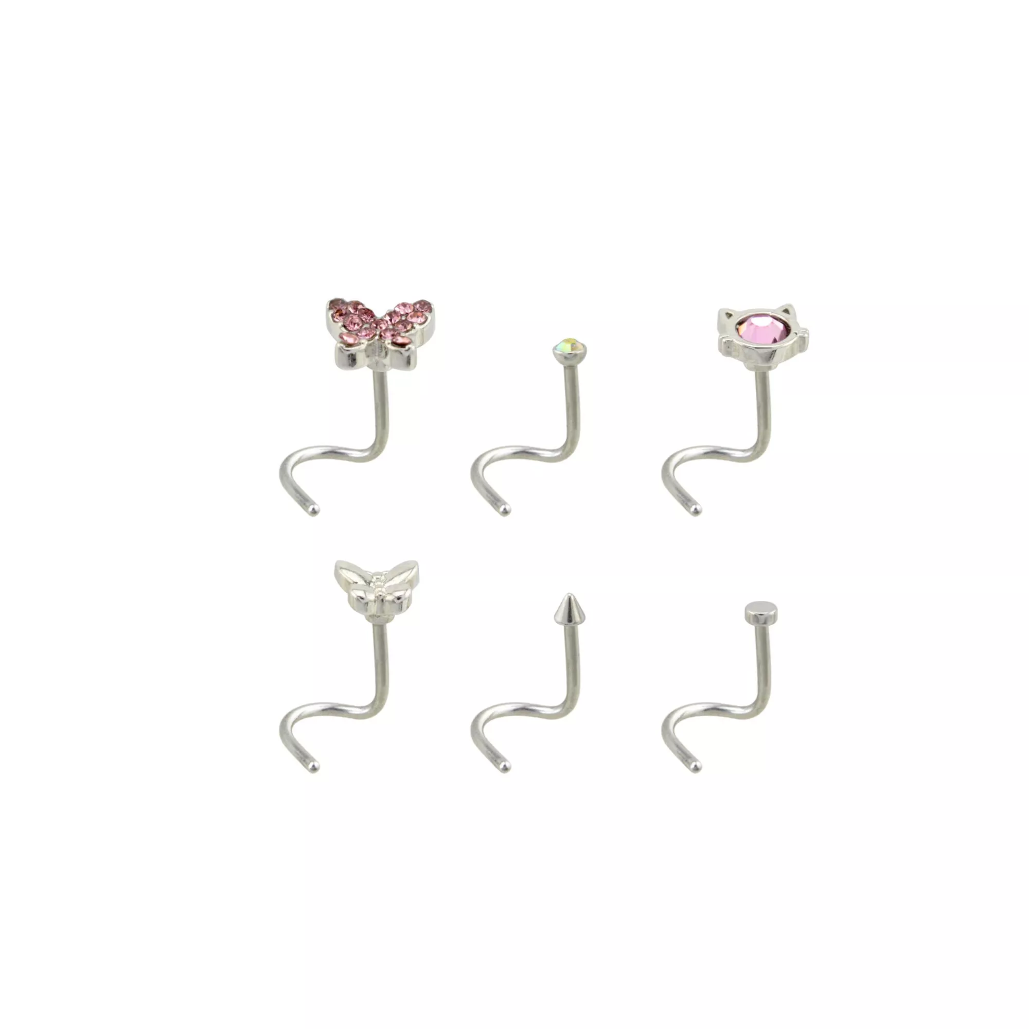 Multi-Pack CZ Cat Corkscrew Nose Rings 6 Pack - 20 Gauge at Spencer's