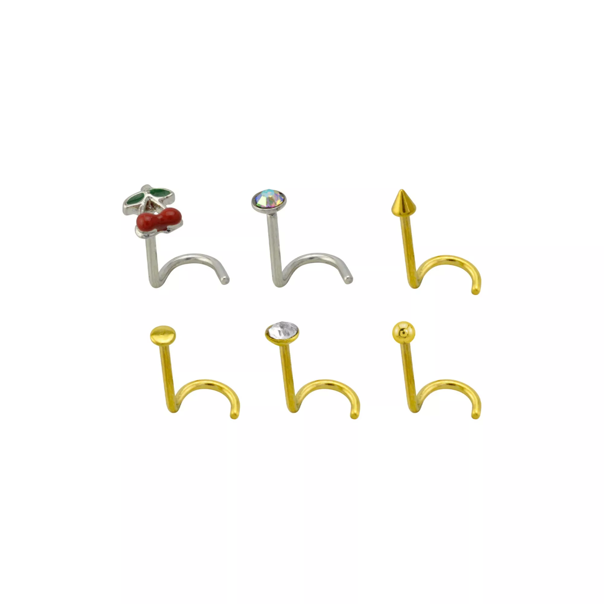 Multi-Pack CZ Cherry Corkscrew Nose Rings 6 Pack - 20 Gauge at Spencer's