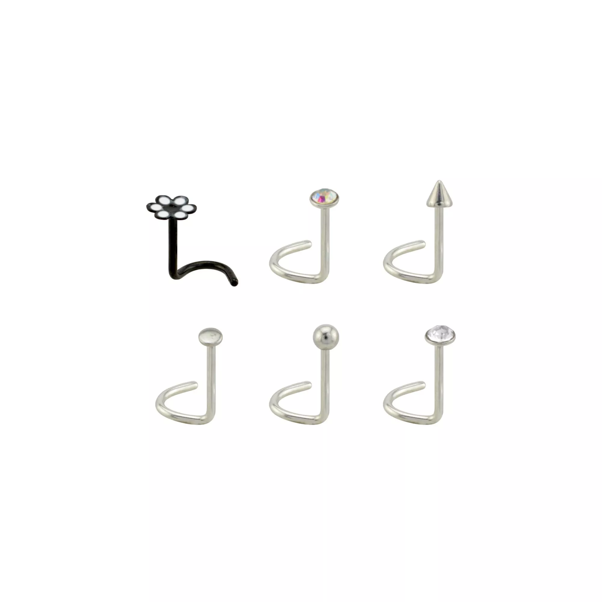 Multi-Pack CZ Retro Flower Corkscrew Nose Rings 6 Pack - 20 Gauge at Spencer's