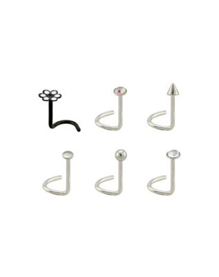 Multi-Pack CZ Retro Flower Corkscrew Nose Rings 6 Pack - 20 Gauge