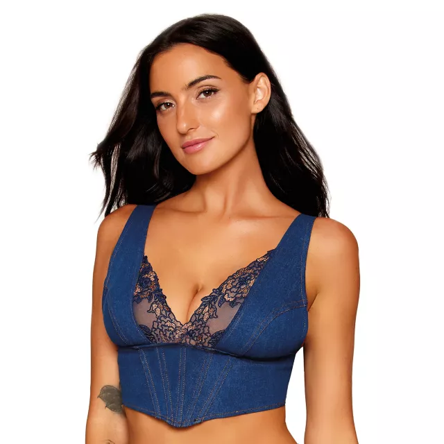 Denim Floral Lace Corset at Spencer's