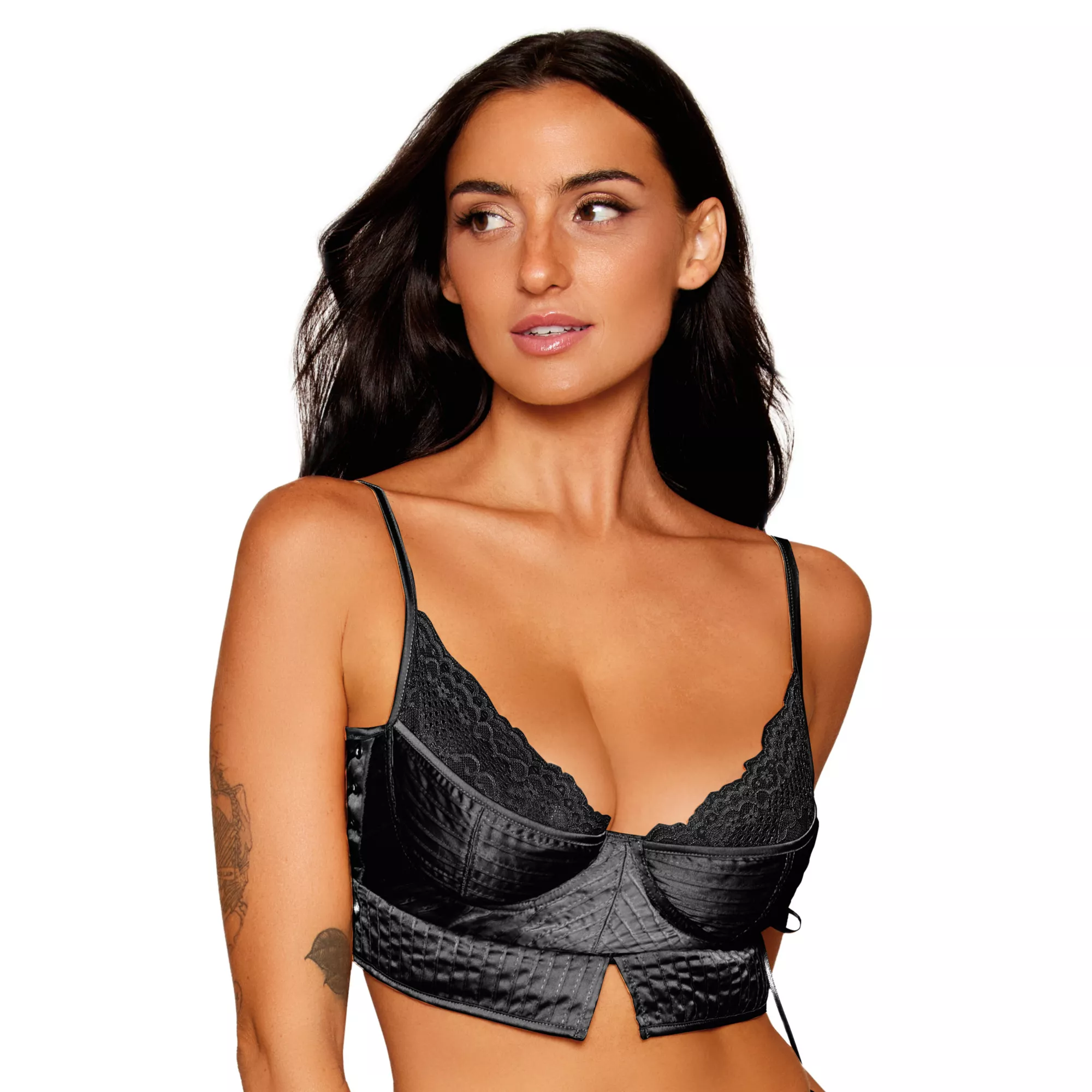 Black Satin Floral Corset at Spencer's