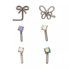 Multi-Pack CZ Multi-Color Bow Butterfly L-Bend Nose Rings 6 Pack - 20 Gauge at Spencer's