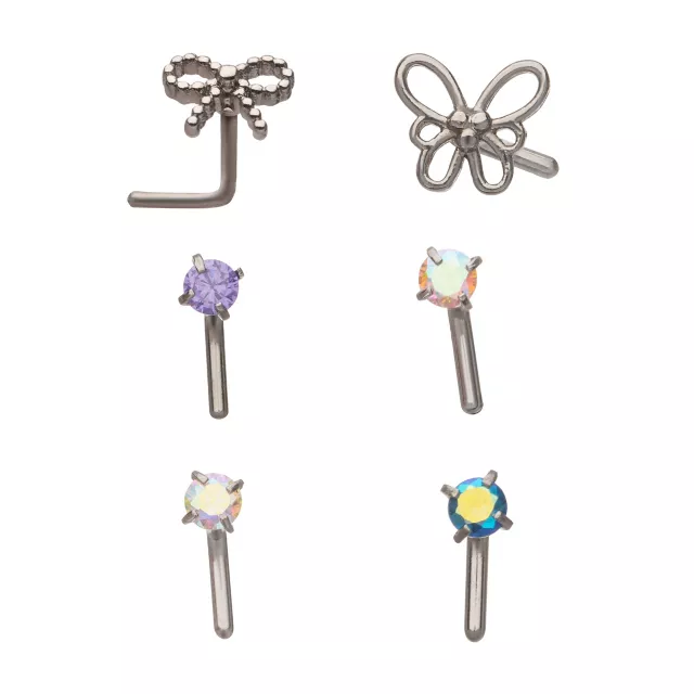 Multi-Pack CZ Multi-Color Bow Butterfly L-Bend Nose Rings 6 Pack - 20 Gauge at Spencer's