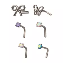 Multi-Pack CZ Multi-Color Bow Butterfly L-Bend Nose Rings 6 Pack - 20 Gauge at Spencer's