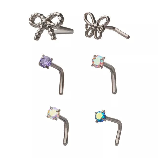 Multi-Pack CZ Multi-Color Bow Butterfly L-Bend Nose Rings 6 Pack - 20 Gauge at Spencer's