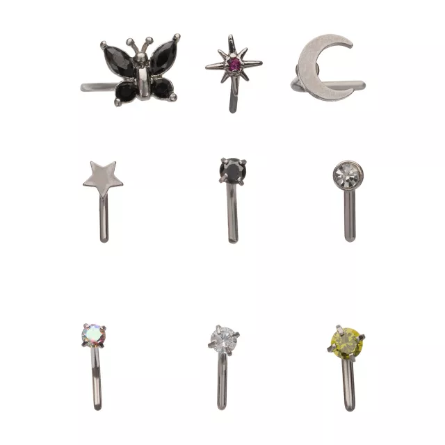 Multi-Pack CZ Multi-Color Butterfly Moon Star L-Bend Nose Rings 9 Pack - 20 Gauge at Spencer's