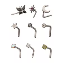 Multi-Pack CZ Multi-Color Butterfly Moon Star L-Bend Nose Rings 9 Pack - 20 Gauge at Spencer's