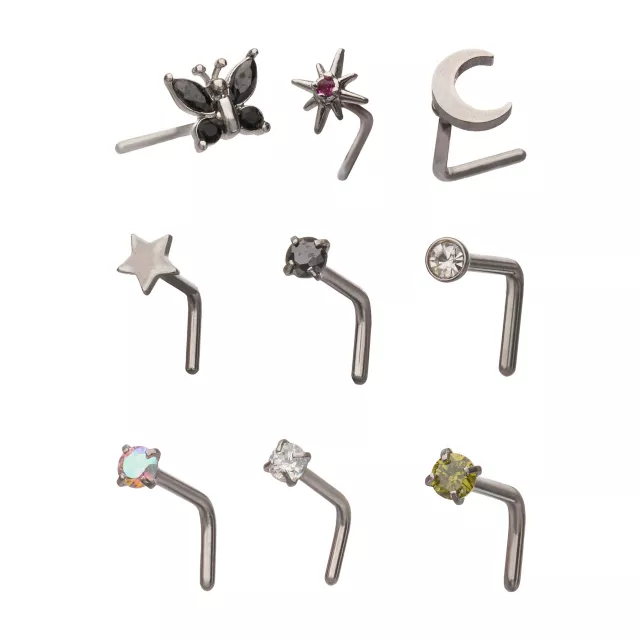Multi-Pack CZ Multi-Color Butterfly Moon Star L-Bend Nose Rings 9 Pack - 20 Gauge at Spencer's