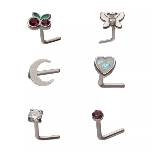 Multi-Pack CZ Cherry Butterfly Moon Star L-Bend Nose Rings 6 Pack - 20 Gauge at Spencer's