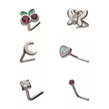 Multi-Pack CZ Cherry Butterfly Moon Star L-Bend Nose Rings 6 Pack - 20 Gauge at Spencer's