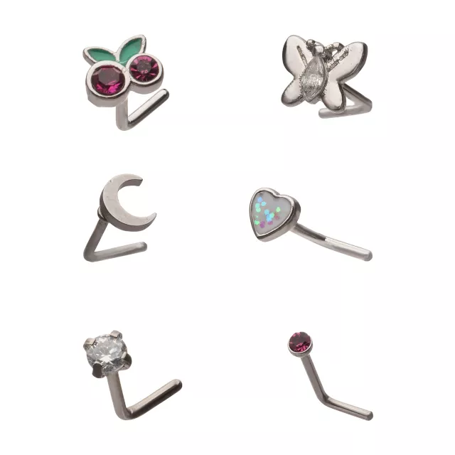 Multi-Pack CZ Cherry Butterfly Moon Star L-Bend Nose Rings 6 Pack - 20 Gauge at Spencer's
