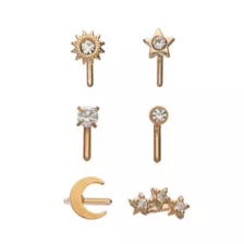 Multi-Pack CZ Goldtone Sun Moon Star L-Bend Nose Rings 6 Pack - 20 Gauge at Spencer's