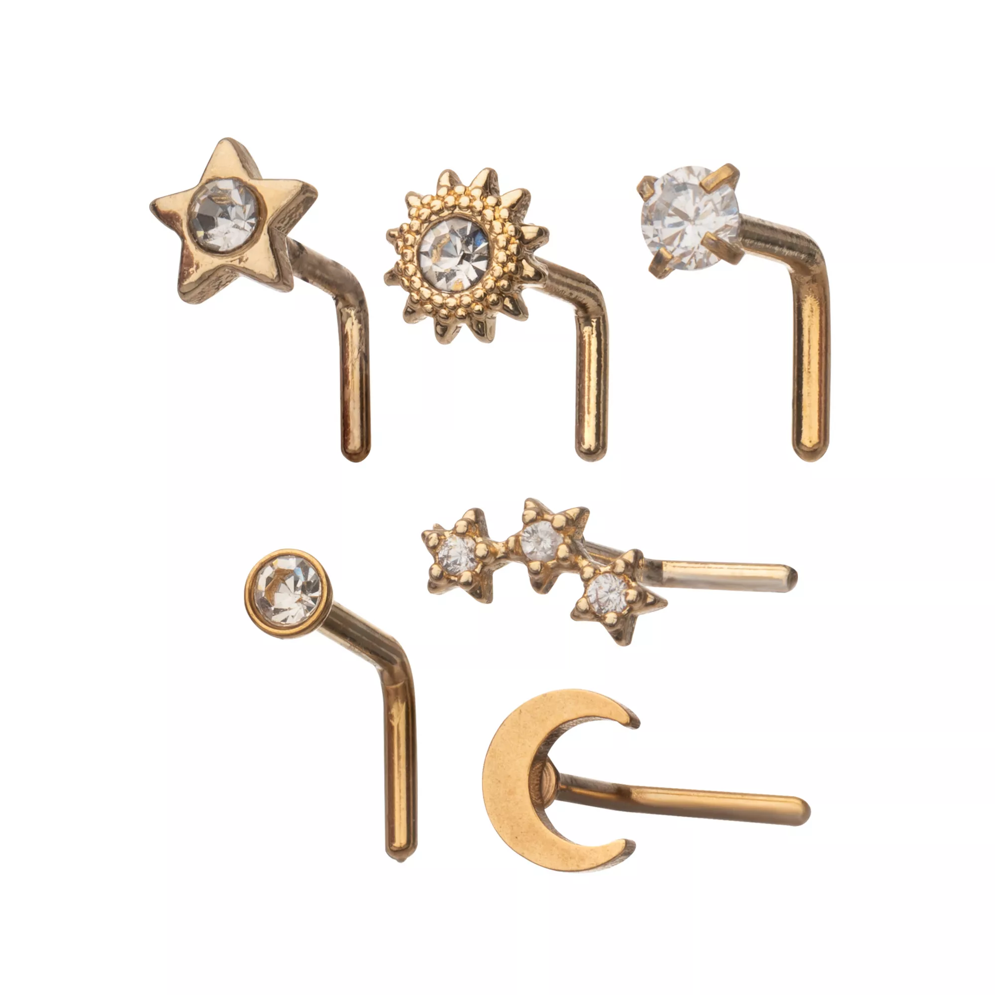Multi-Pack CZ Gold-Plated Galaxy L-Bend Nose Rings - 6 Pack