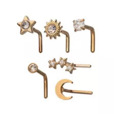 Multi-Pack CZ Goldtone Sun Moon Star L-Bend Nose Rings 6 Pack - 20 Gauge at Spencer's