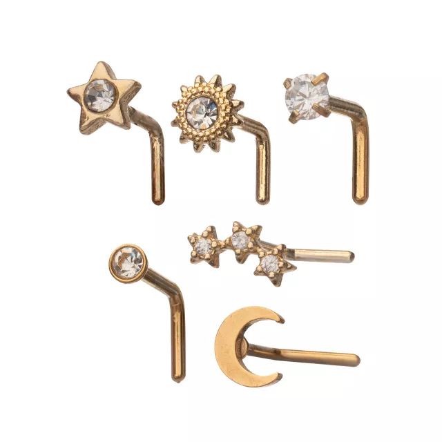 Multi-Pack CZ Goldtone Sun Moon Star L-Bend Nose Rings 6 Pack - 20 Gauge at Spencer's