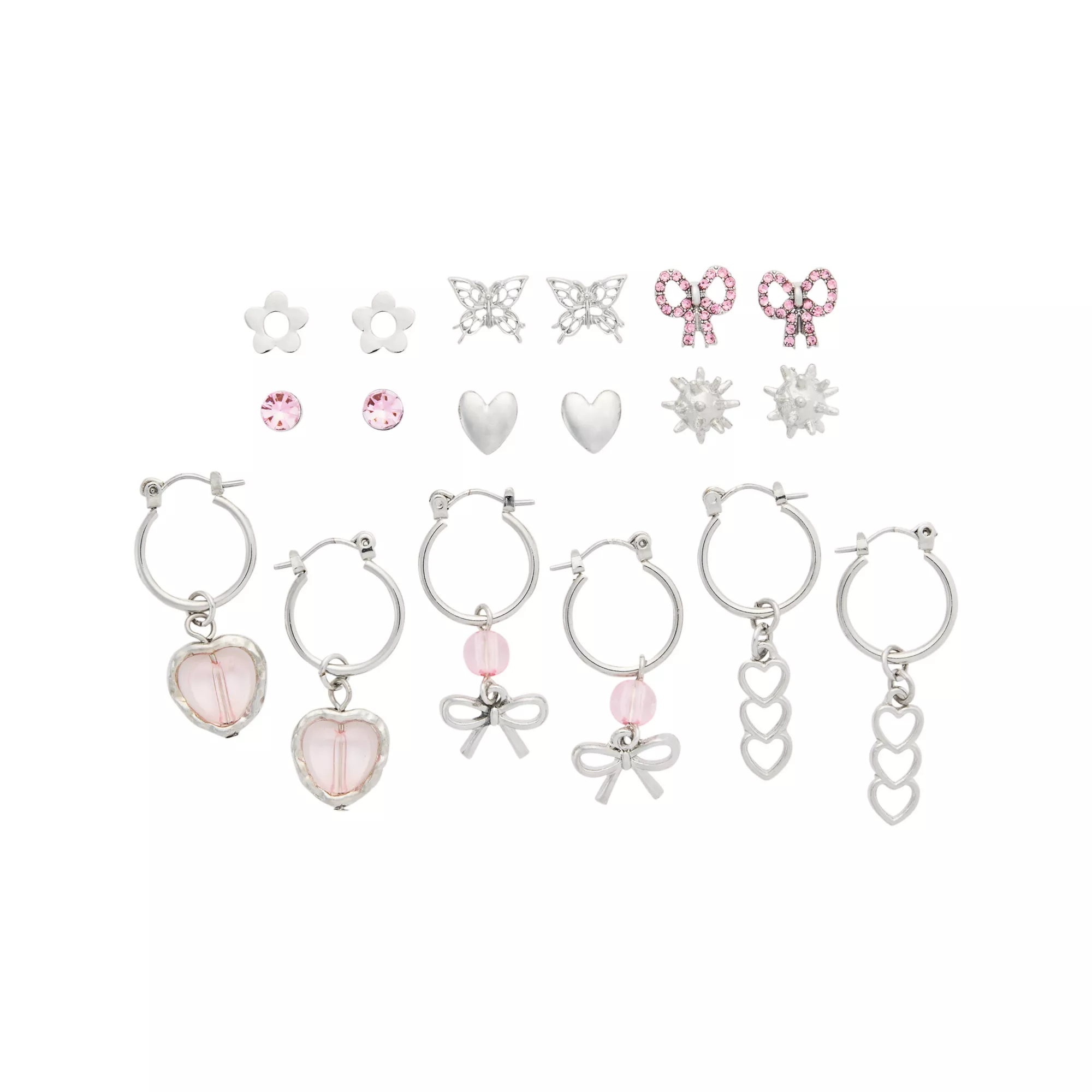 Multi-Pack Heart Bow Butterfly Spike Earrings - 9 Pair at Spencer's