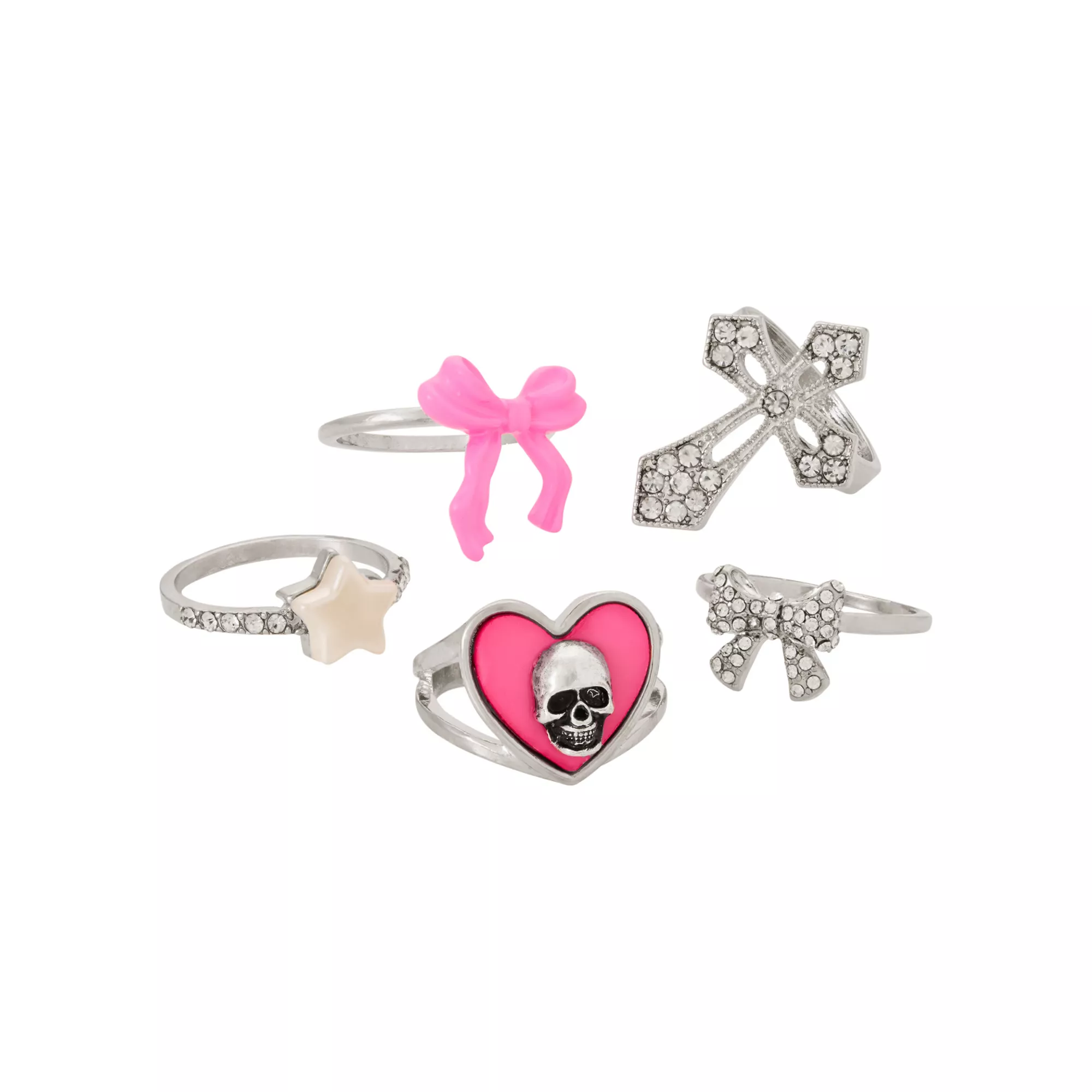 Multi-Pack Hot Pink Skull Heart Bow and Star Rings - 5 Pack at Spencer's