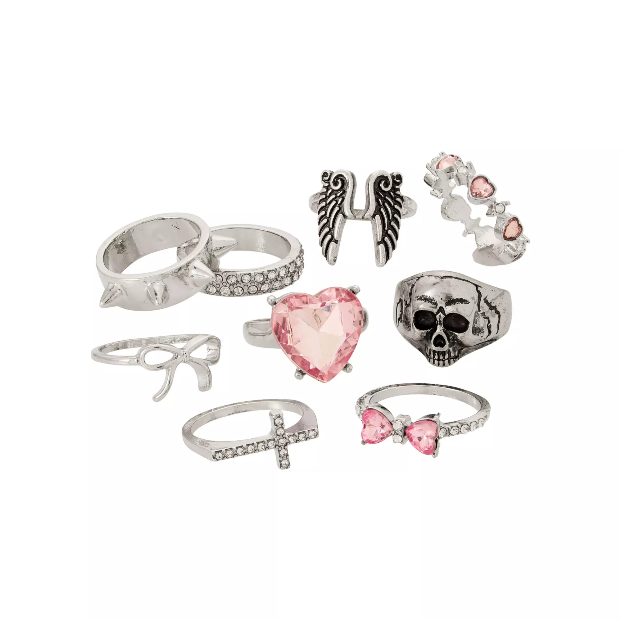 Multi-Pack Pink Angel Skull Heart Rings - 9 Pack at Spencer's