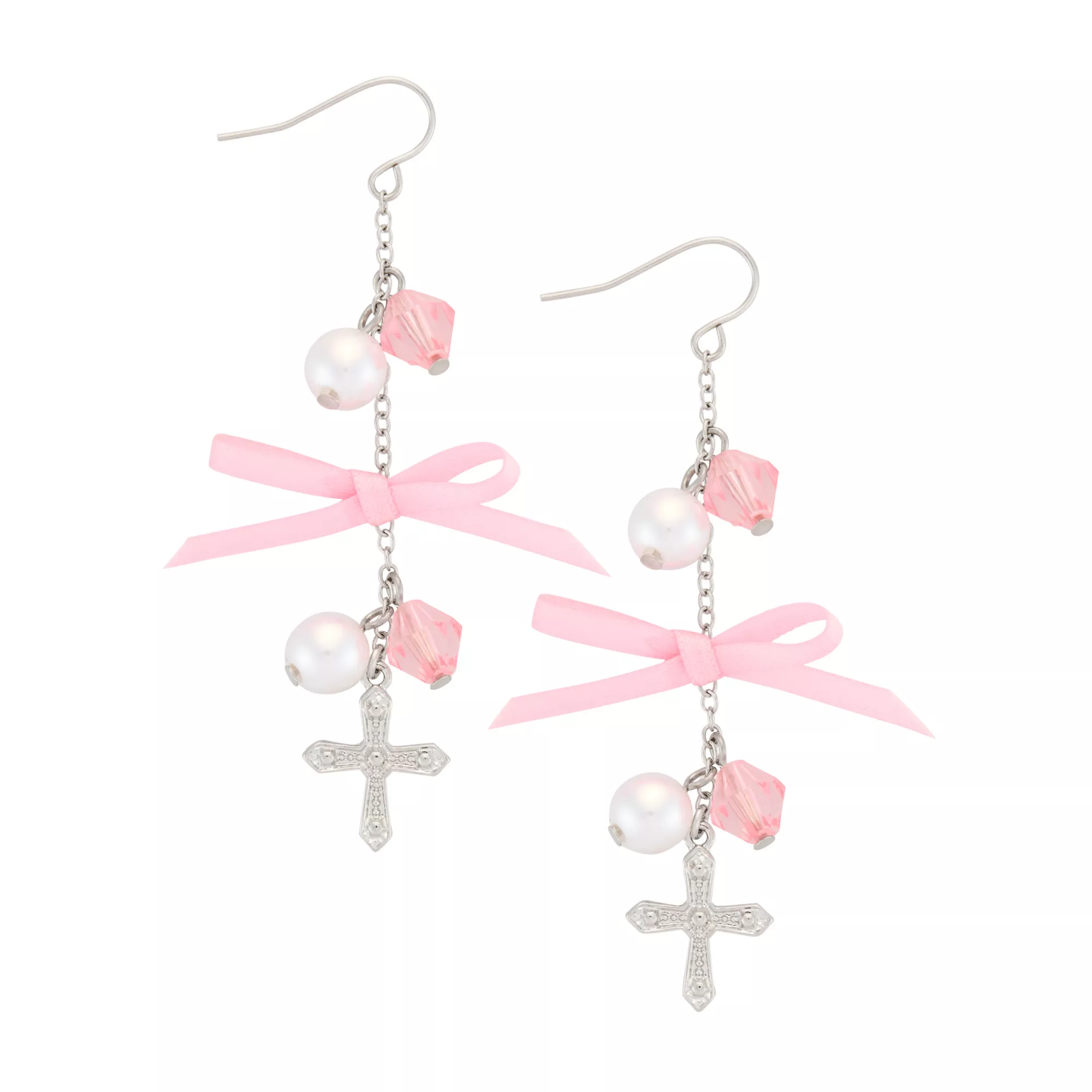 Pink Bow and Pearl Dangle Cross Earrings at Spencer's