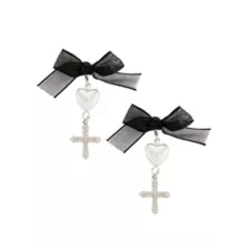 Black Bow Pearl Heart Cross Dangle Earrings at Spencer's