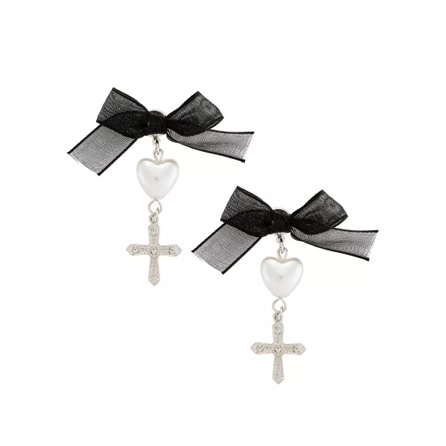 Black Bow Pearl Heart Cross Dangle Earrings at Spencer's