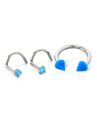 Kayla Malecc Multi-Pack CZ Neon Blue Horseshoe Ring and Screw Nose Rings 3 Pack - 18-16 Gauge