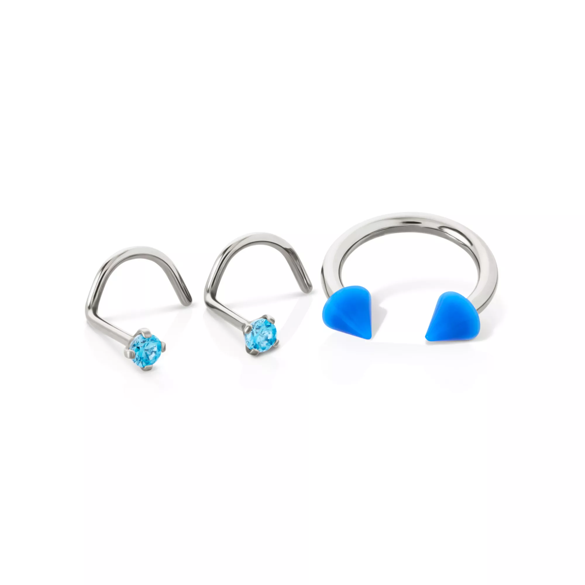 Kayla Malecc Multi-Pack CZ Titanium Horseshoe and Screw Nose Rings with Blue Ends 3 Pack - 18-16 Gauge