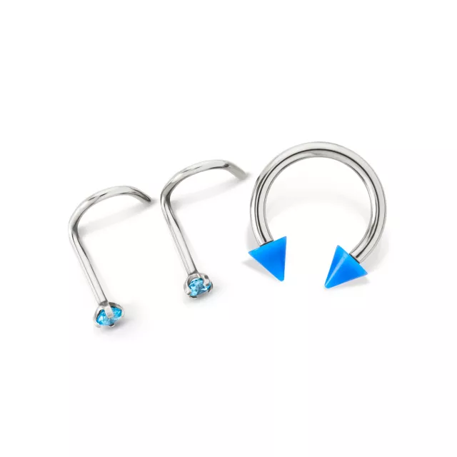 Kayla Malecc Multi-Pack CZ Titanium Horseshoe and Screw Nose Rings with Blue Ends 3 Pack - 18-16 Gauge