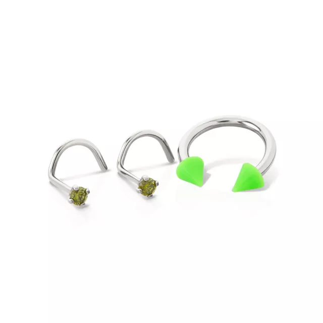 Kayla Malecc Multi-Pack CZ Horseshoe and Screw Nose Rings with Green Ends 3 Pack – 20-16 Gauge at Spencer's