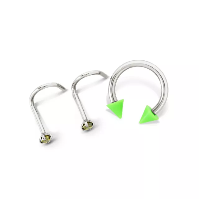 Kayla Malecc Multi-Pack CZ Horseshoe and Screw Nose Rings with Green Ends 3 Pack – 20-16 Gauge at Spencer's