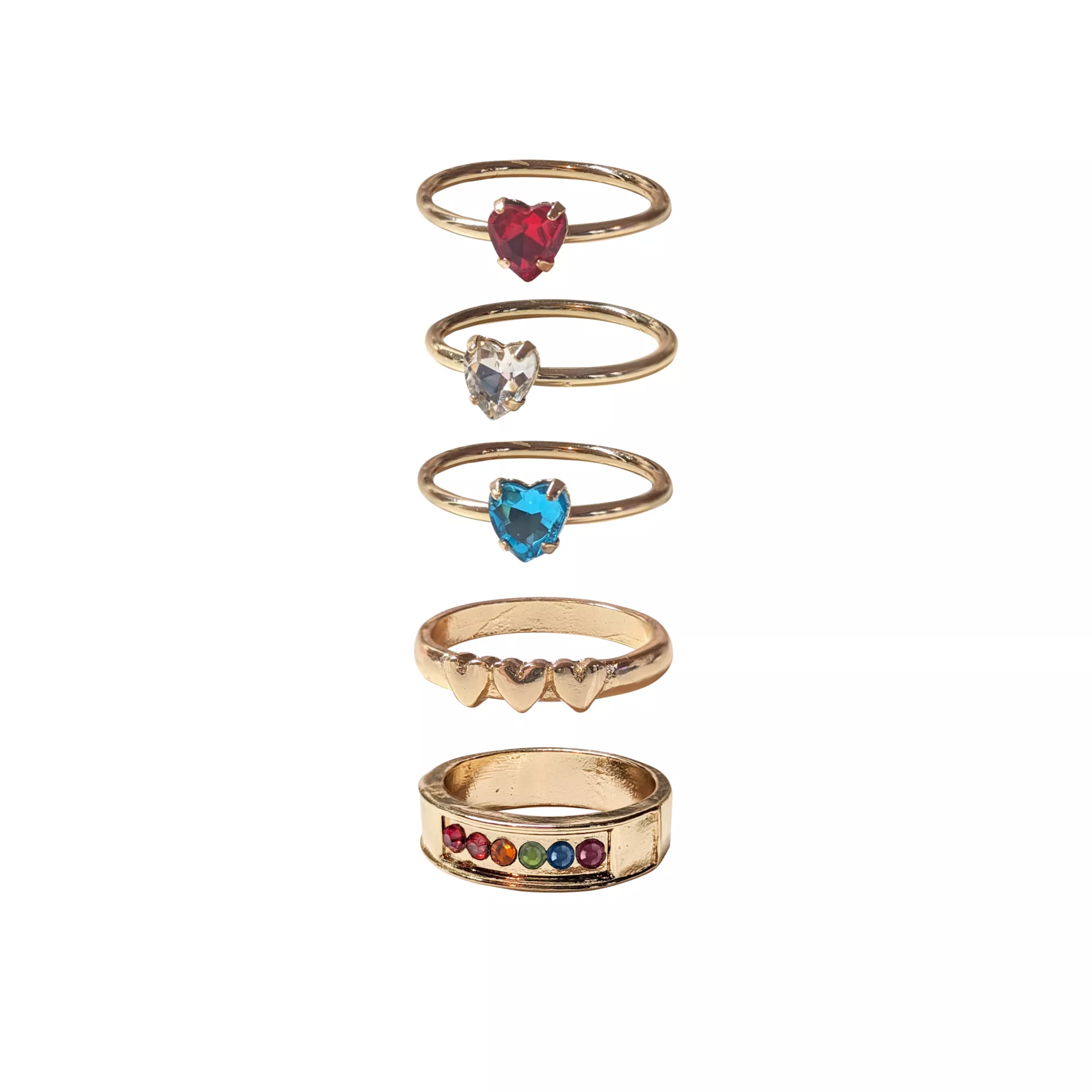 Multi-Pack Goldtone and Rainbow Hearts Rings - 5 Pack at Spencer's
