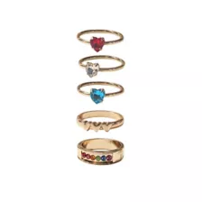 Multi-Pack Goldtone and Rainbow Hearts Rings - 5 Pack at Spencer's