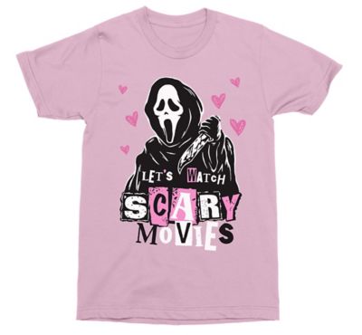 Let's Watch Scary Movies Pink T Shirt - Ghost Face