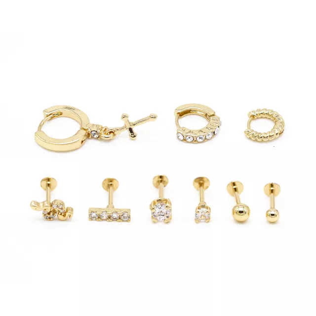 Multi Pack CZ Goldtone Snake and Cross Hoop and Stud Cartilage Earrings 9 Pack