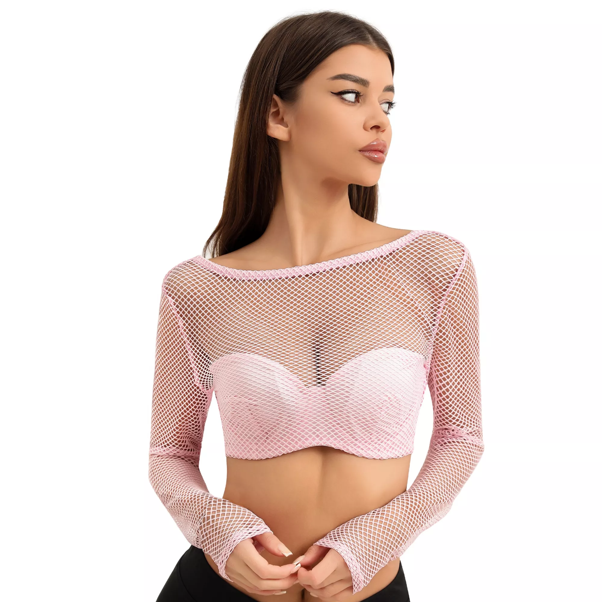 Pink Fishnet Long Sleeve Bra Cop Top at Spencer's