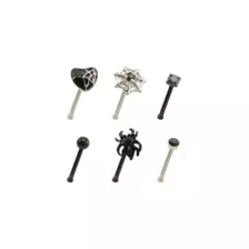 Multi-Pack CZ Black and Silvertone Heart and Spider Web Pin Nose Rings 6 Pack - 20 Gauge at Spencer's
