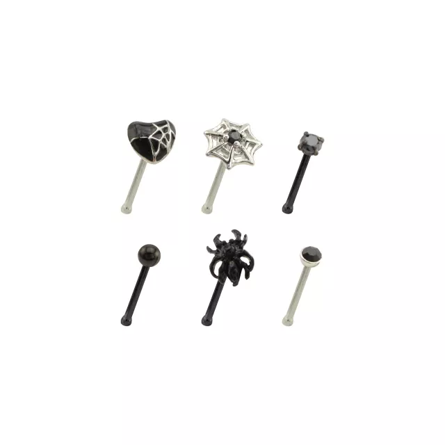 Multi-Pack CZ Black and Silvertone Heart and Spider Web Pin Nose Rings 6 Pack - 20 Gauge at Spencer's