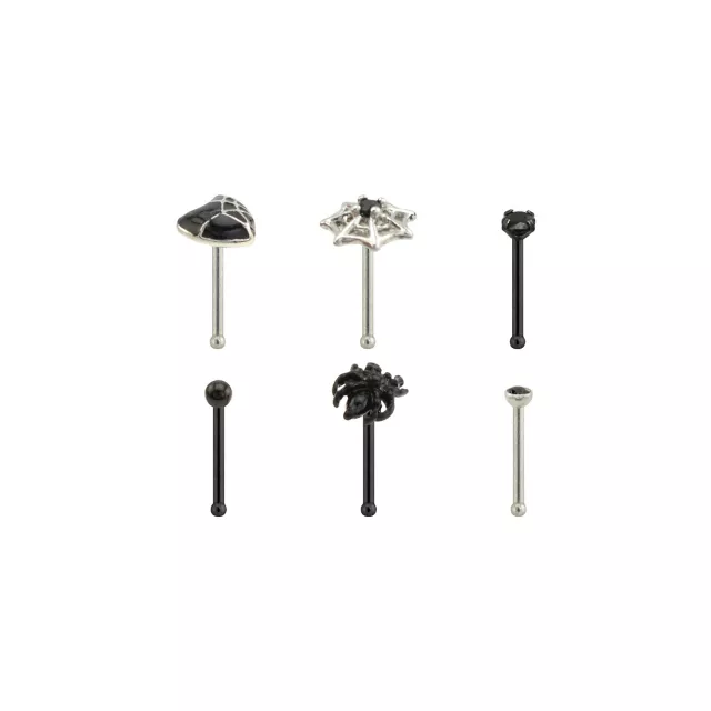 Multi-Pack CZ Black and Silvertone Heart and Spider Web Pin Nose Rings 6 Pack - 20 Gauge at Spencer's