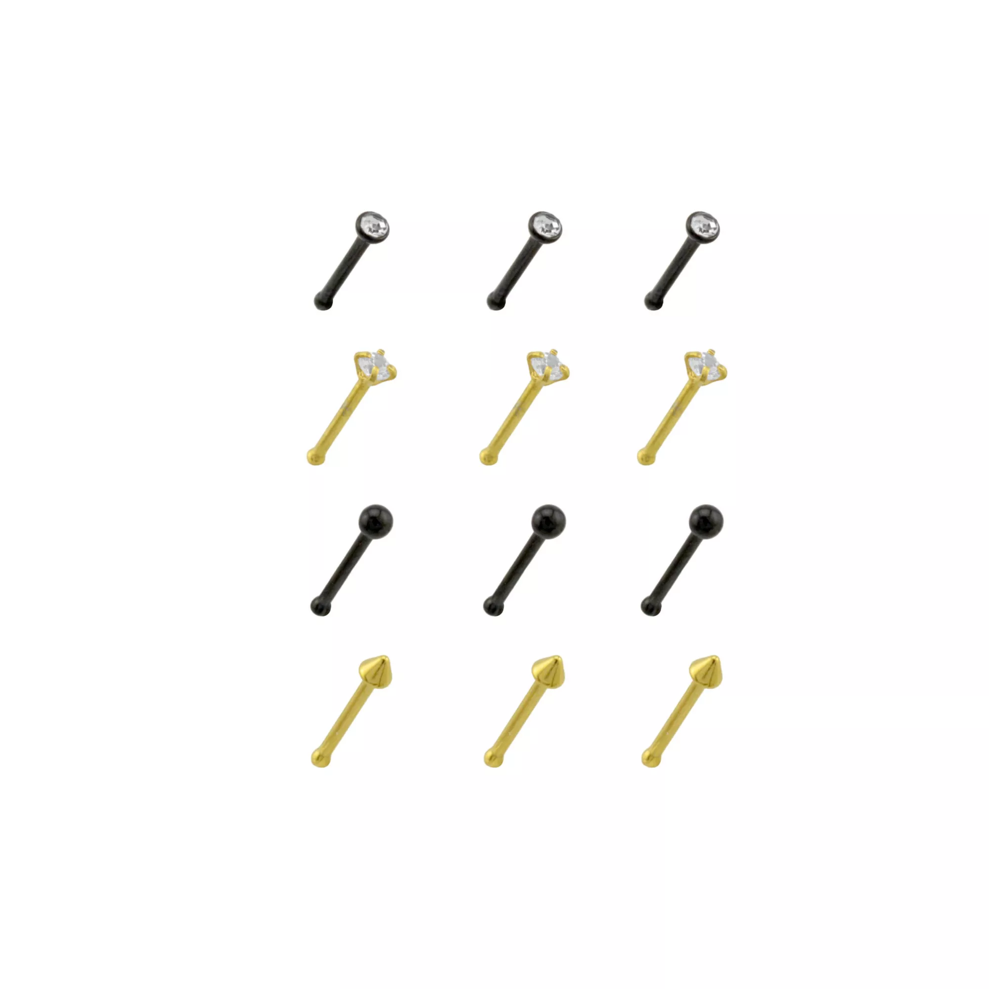 Multi-Pack CZ Black and Goldtone Prong and Spike Pin Nose Rings 12 Pack - 20 Gauge at Spencer's