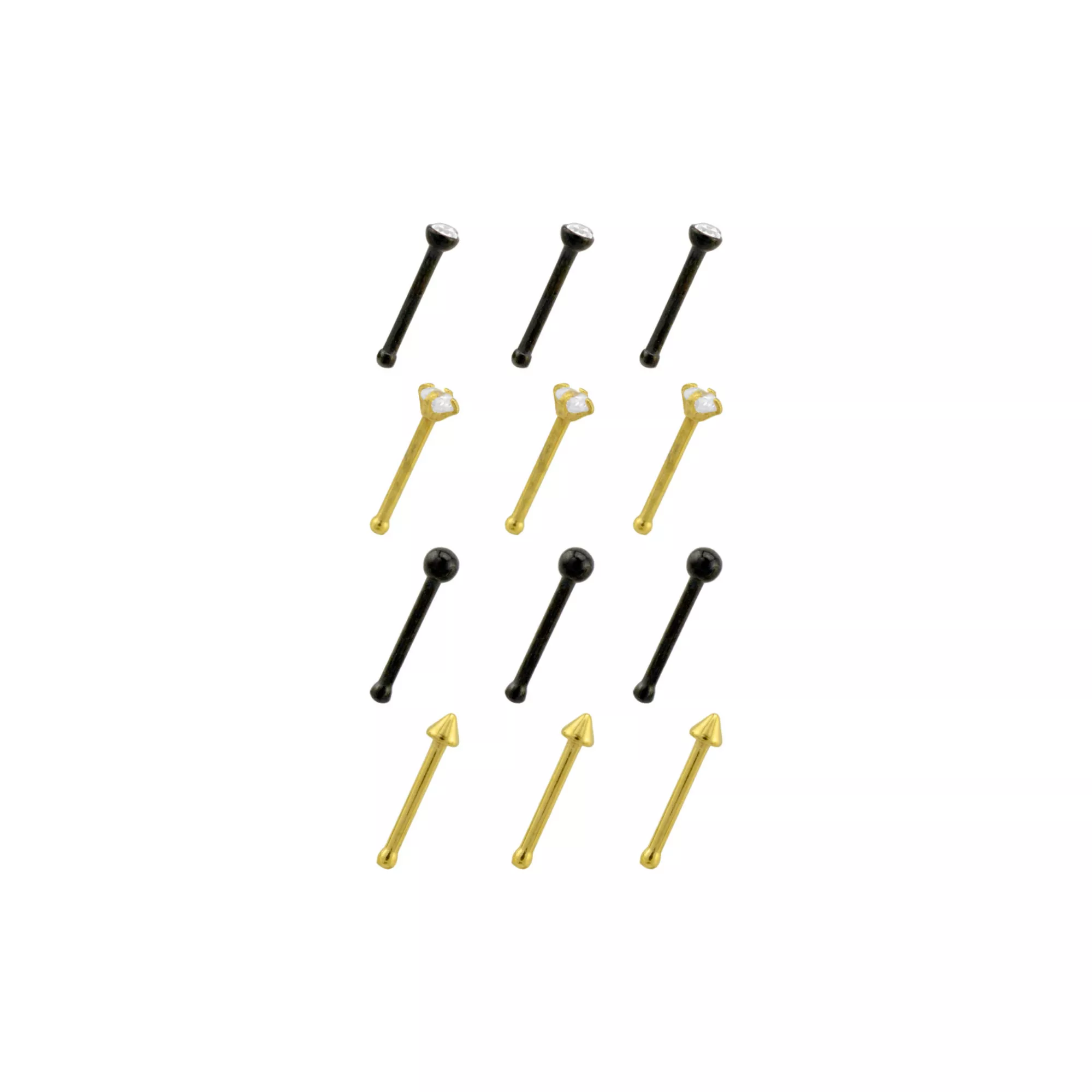 Multi-Pack CZ Black and Goldtone Prong and Spike Pin Nose Rings 12 Pack - 20 Gauge at Spencer's