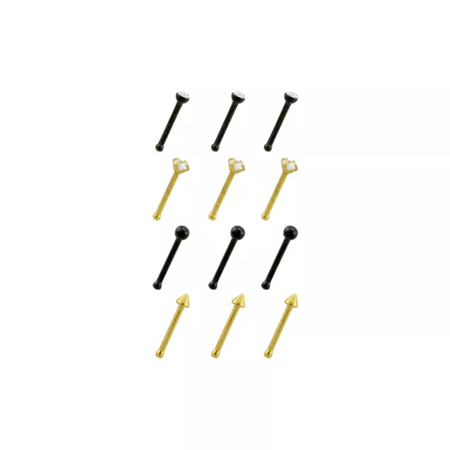 Multi-Pack CZ Black and Goldtone Prong and Spike Pin Nose Rings 12 Pack - 20 Gauge at Spencer's