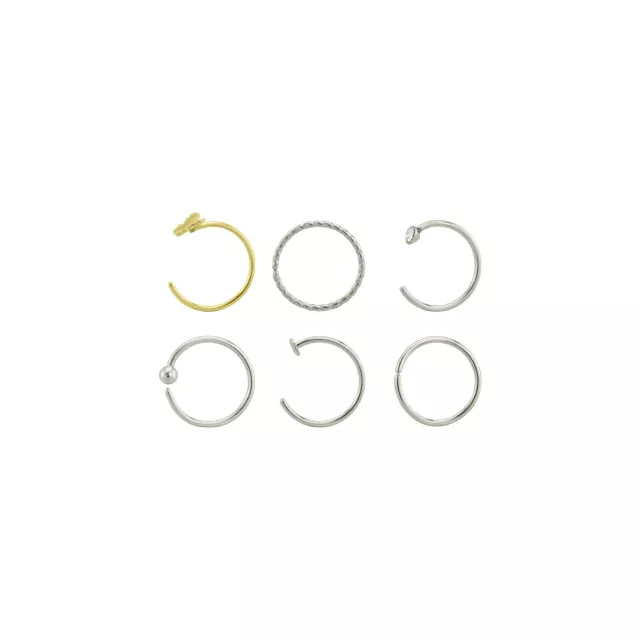 Multi-Pack CZ Goldtone Butterfly and Silvertone Titanium Hoop and Half Hoop Nose Rings 6 Pack - 20 Gauge at Spencer's