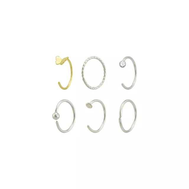 Multi-Pack CZ Goldtone Butterfly and Silvertone Titanium Hoop and Half Hoop Nose Rings 6 Pack - 20 Gauge at Spencer's