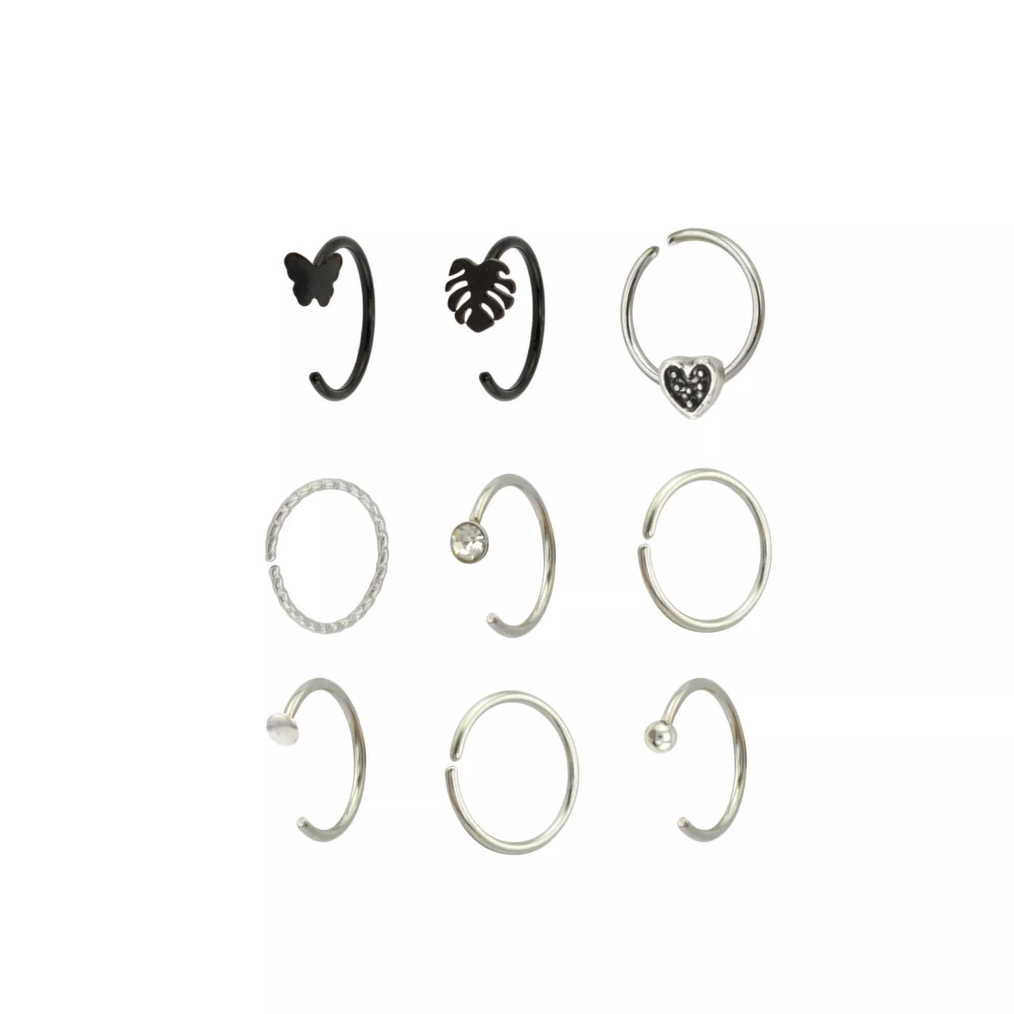 Multi-Pack CZ Black and Silvertone Butterfly Ribcage Heart Hoop and Half Hoop Nose Rings 9 Pack - 20 Gauge at Spencer's